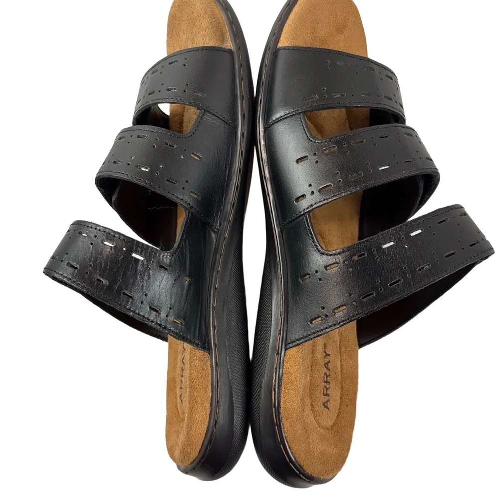 ARRAY Boardwalk Womens 9.5M Black Leather Slide Sandals Adjustable Memory Foam - Picture 3 of 9